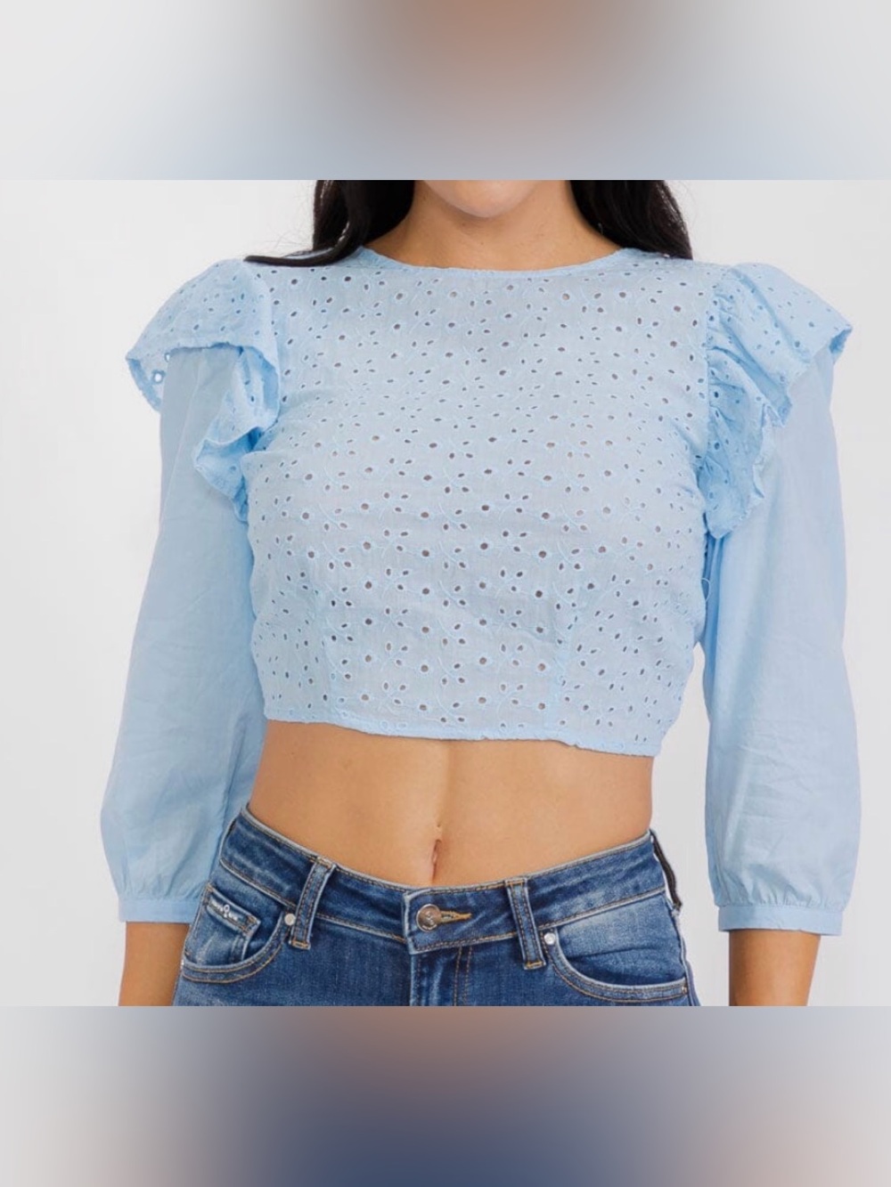 NWT Eyelet Ruffle Crop Top - Light Blue